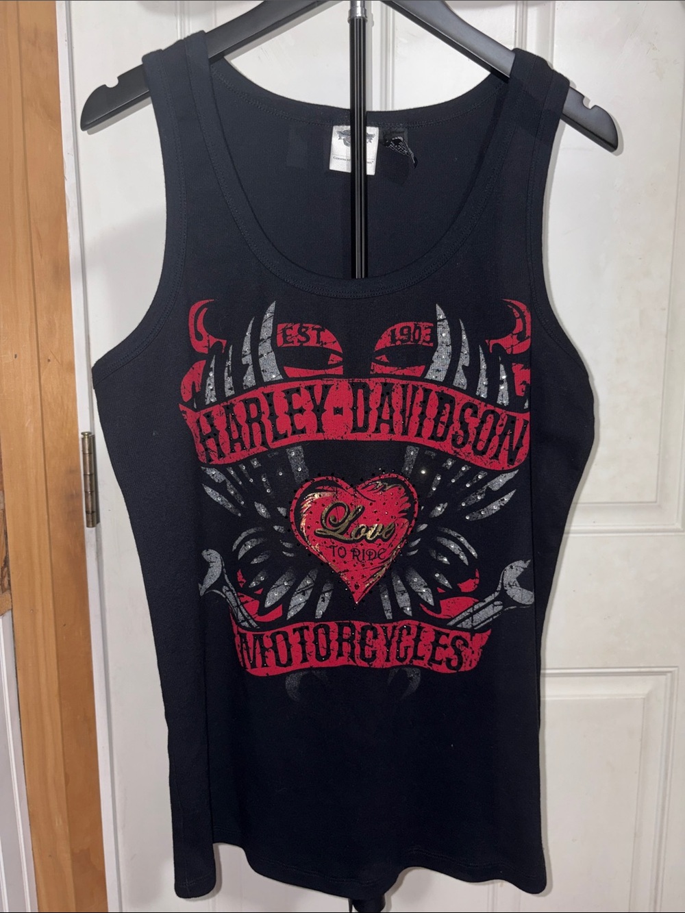 Harley Davidson Black Ribbed Tank Top with Red Heart Wings Wrench Design